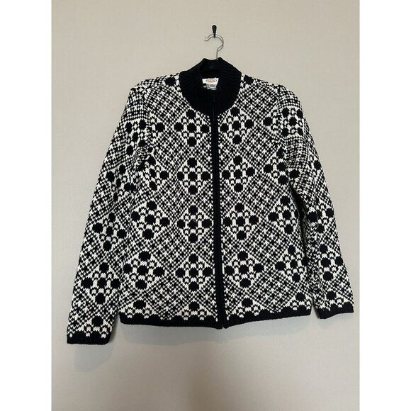 Talbots Cardigan Women Medium Black White Fair Isle Zip Up 100% Cotton Sweater - Picture 2 of 7